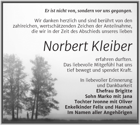 Traueranzeige von Norbert Kleiber von Trauerkombi Merseburg