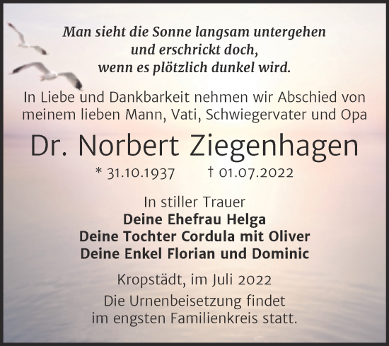 Traueranzeige von Norbert Ziegenhagen von Trauerkombi Wittenberg