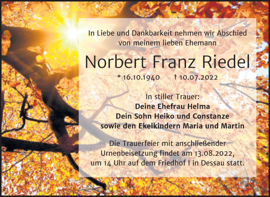 Traueranzeige von Norbert Franz Riedel von Trauerkombi Dessau