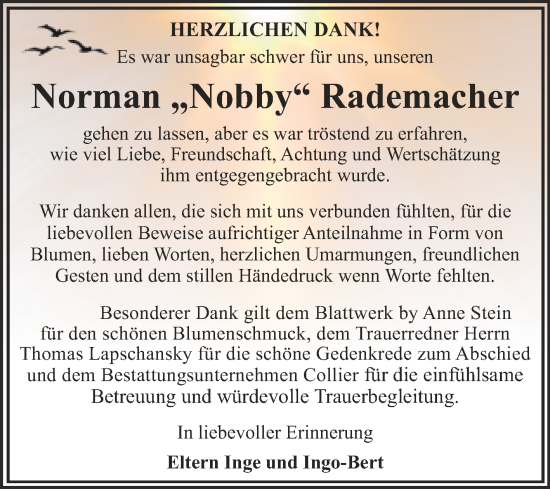 Traueranzeige von Norman Rademacher von Trauerkombi Dessau