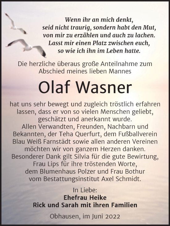 Traueranzeige von Olaf Wasner von Trauerkombi Merseburg