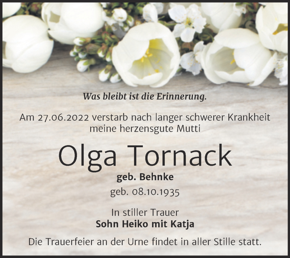  Traueranzeige für Olga Tornack vom 02.07.2022 aus Trauerkombi Wittenberg