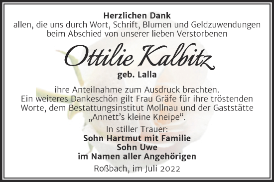 Traueranzeige von Ottilie Kalbitz von Trauerkombi Merseburg