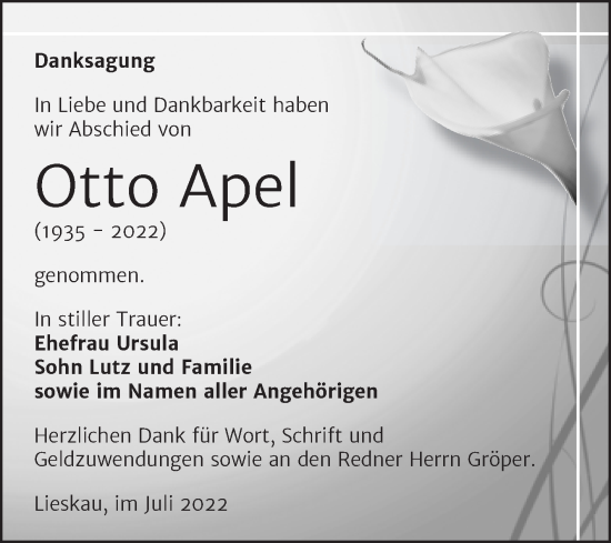 Traueranzeige von Otto Apel von Mitteldeutsche Zeitung Halle/Saalkreis