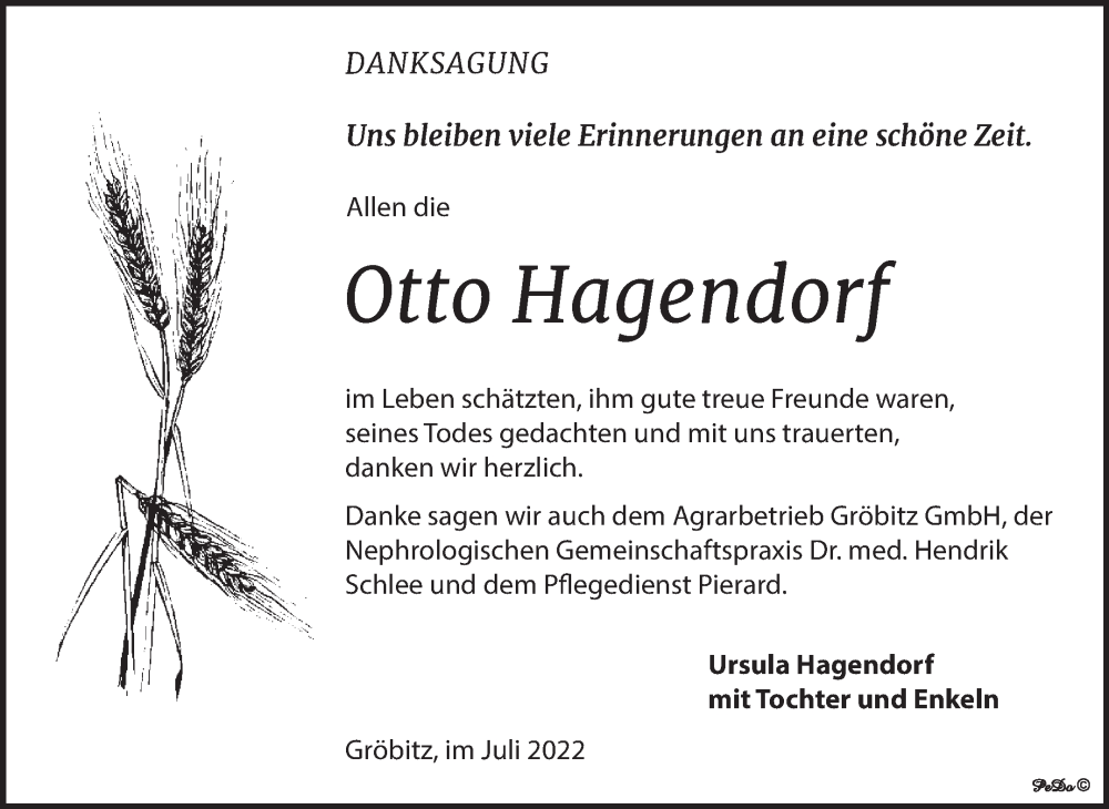  Traueranzeige für Otto Hagendorf vom 13.07.2022 aus Trauerkombi Weißenfels