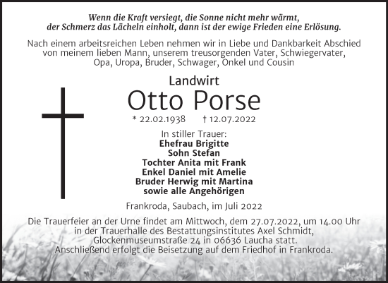 Traueranzeige von Otto Porse von Wochenspiegel Naumburg/Nebra