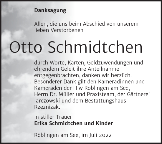 Traueranzeige von Otto Schmidtchen von Trauerkombi Mansfelder Land