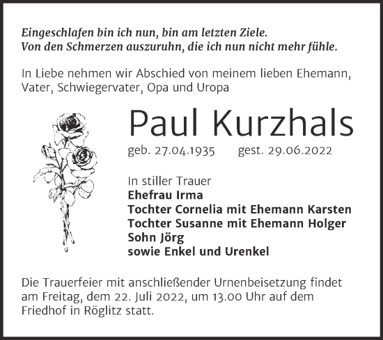 Traueranzeige von Paul Kurzhals von Trauerkombi Merseburg