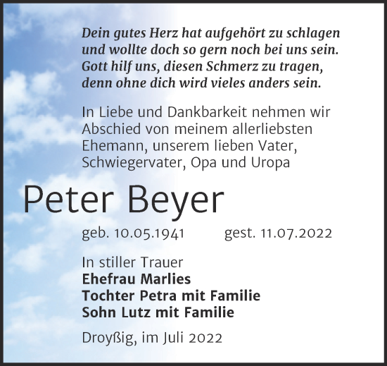 Traueranzeige von Peter Beyer von Trauerkombi Zeitz