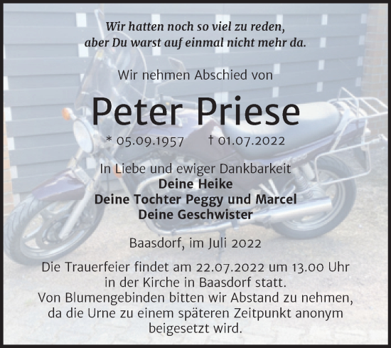 Traueranzeige von Peter Priese von Trauerkombi Köthen