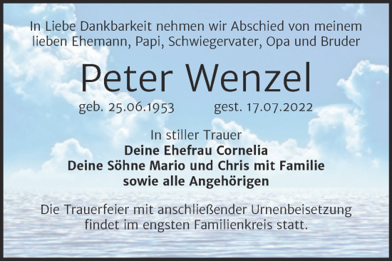 Traueranzeige von Peter Wenzel von Trauerkombi Wittenberg