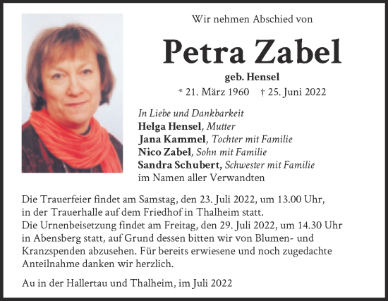Traueranzeige von Petra Zabel von Mitteldeutsche Zeitung Halle/Saalkreis