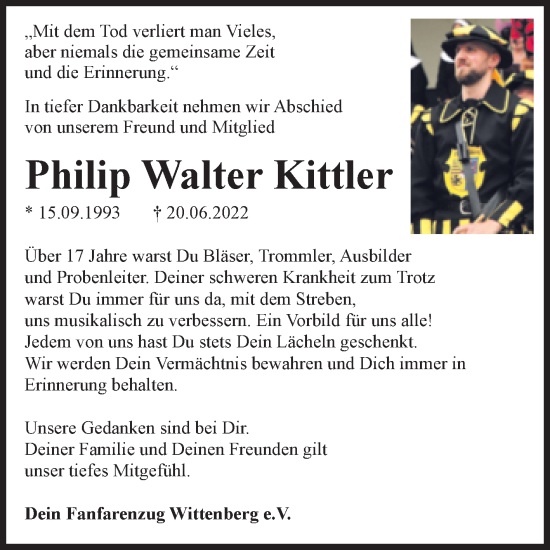 Traueranzeige von Philip Walter Kittler von Super Sonntag Wittenberg