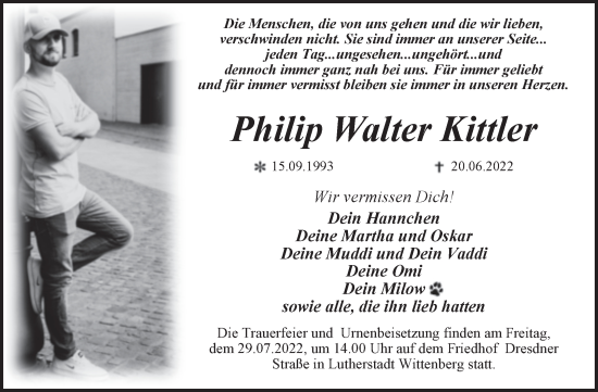 Traueranzeige von Philip Walter Kittler von Trauerkombi Wittenberg
