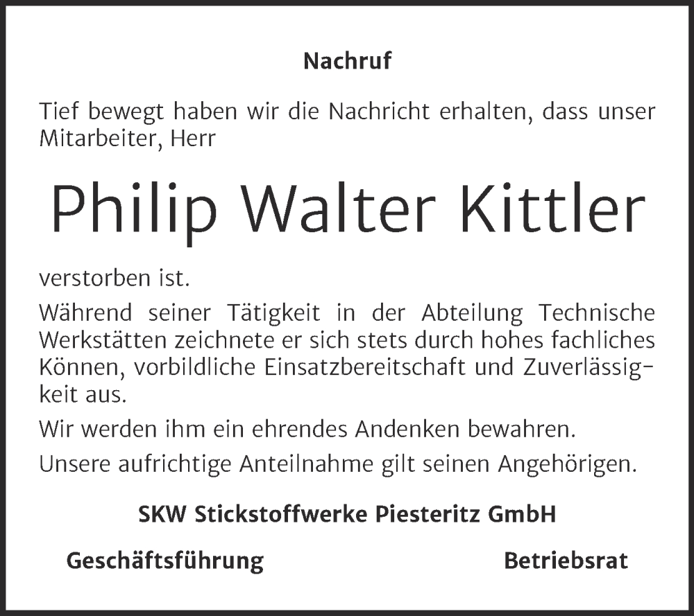  Traueranzeige für Philip Walter Kittler vom 09.07.2022 aus Super Sonntag Wittenberg