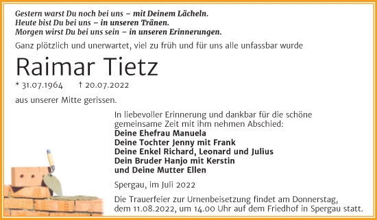 Traueranzeige von Raimar Tietz von Trauerkombi Merseburg
