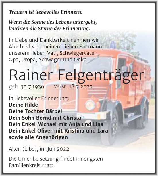 Traueranzeige von Rainer Felgenträger von Trauerkombi Köthen