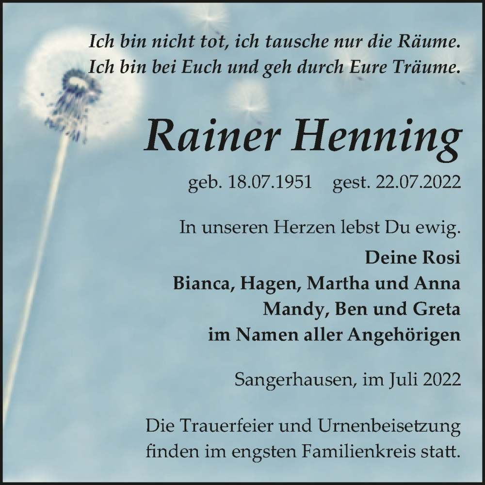  Traueranzeige für Rainer Henning vom 30.07.2022 aus Trauerkombi Sangerhausen