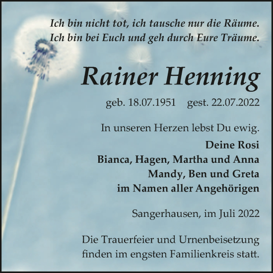 Traueranzeige von Rainer Henning von Trauerkombi Sangerhausen