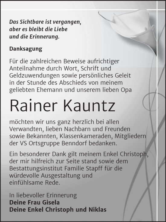Traueranzeige von Rainer Kauntz von Trauerkombi Mansfelder Land