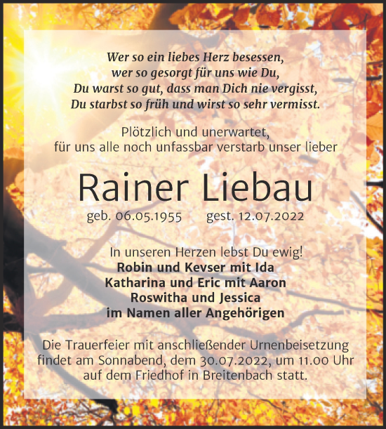 Traueranzeige von Rainer Liebau von Trauerkombi Sangerhausen