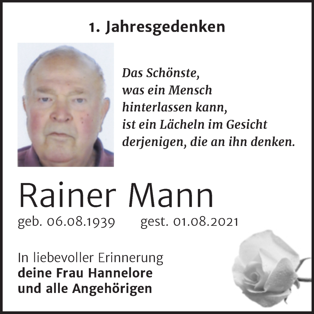  Traueranzeige für Rainer Mann vom 30.07.2022 aus Trauerkombi Dessau