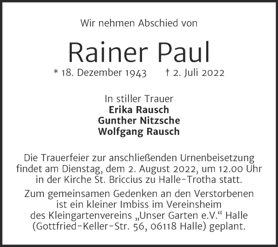 Traueranzeige von Rainer Paul von Mitteldeutsche Zeitung Halle/Saalkreis