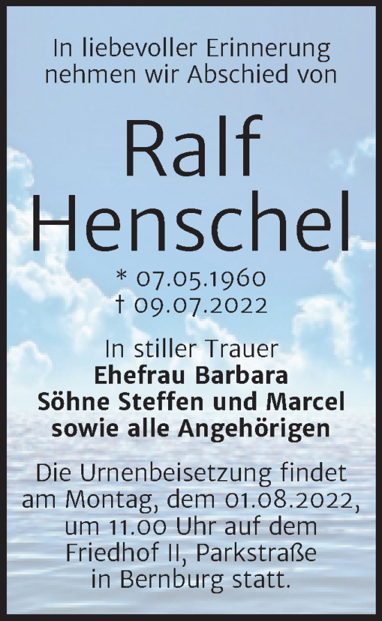 Traueranzeige von Ralf Henschel von Trauerkombi Bernburg