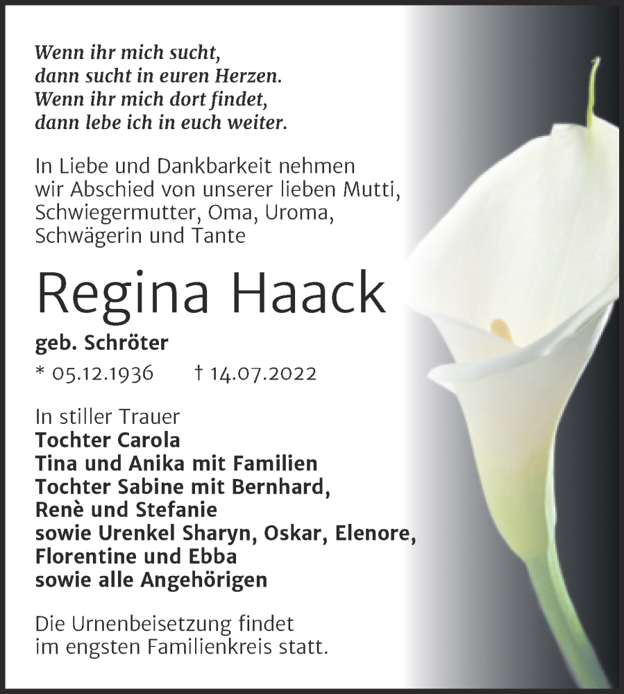  Traueranzeige für Regina Haack vom 23.07.2022 aus Trauerkombi Wittenberg