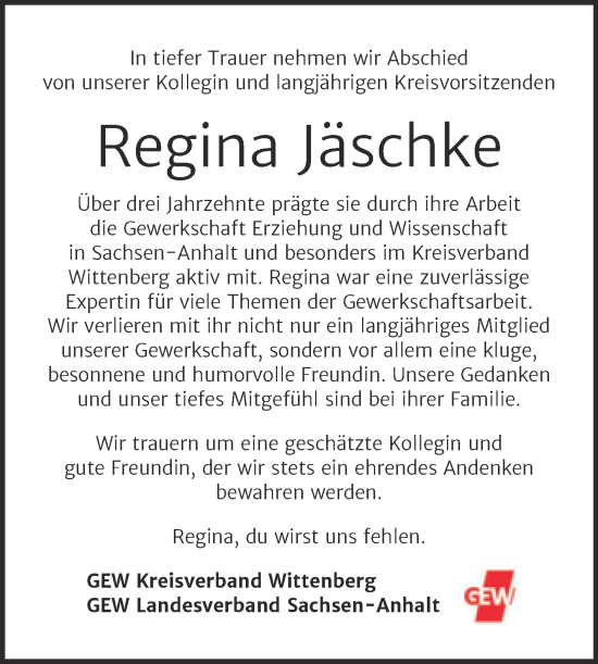 Traueranzeige von Regina Jäschke von Super Sonntag Wittenberg