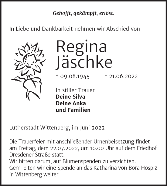 Traueranzeige von Regina Jäschke von Trauerkombi Wittenberg