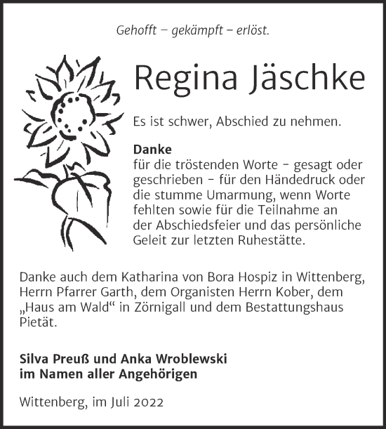 Traueranzeige von Regina Jäschke von Trauerkombi Wittenberg
