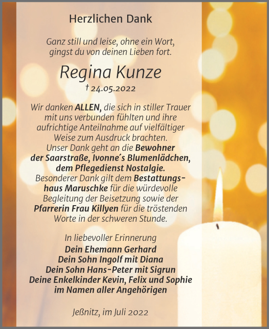 Traueranzeige von Regina Kunze von Trauerkombi Bitterfeld