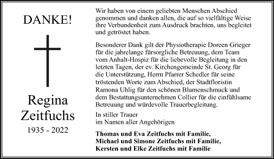 Traueranzeige von Regina Zeitfuchs von Trauerkombi Dessau