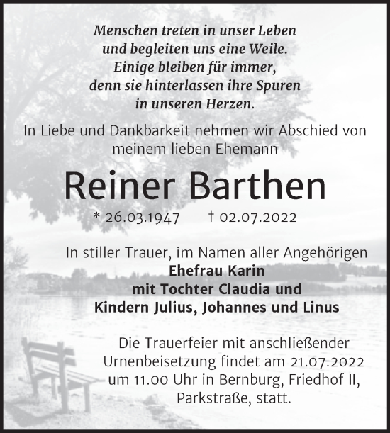 Traueranzeige von Reiner Barthen von Trauerkombi Bernburg