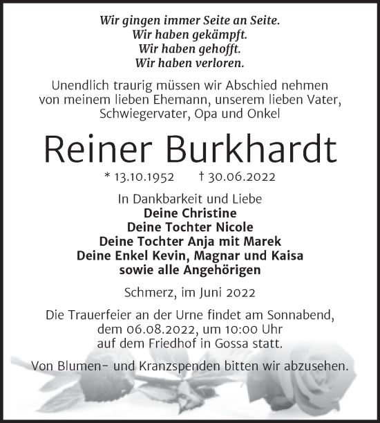 Traueranzeige von Reiner Burkhardt von Trauerkombi Bitterfeld