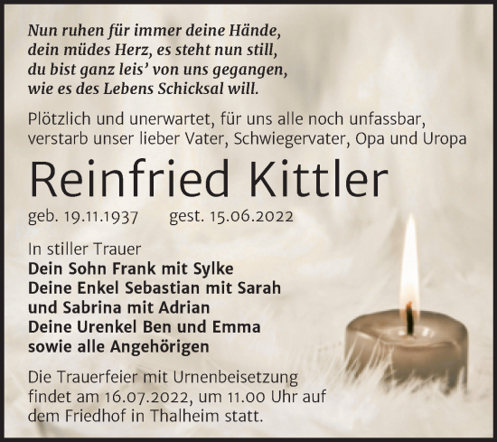 Traueranzeige von Reinfried Kittler von Trauerkombi Bitterfeld