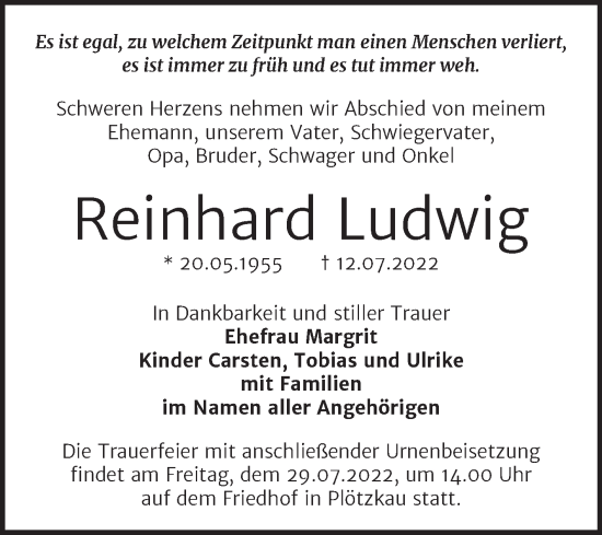 Traueranzeige von Reinhard Ludwig von Trauerkombi Bernburg