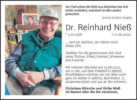 Traueranzeige von Reinhard Nieß von Trauerkombi Bitterfeld