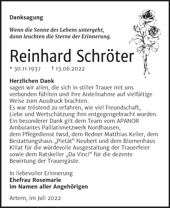 Traueranzeige von Reinhard Schröter von Super Sonntag Sangerhausen