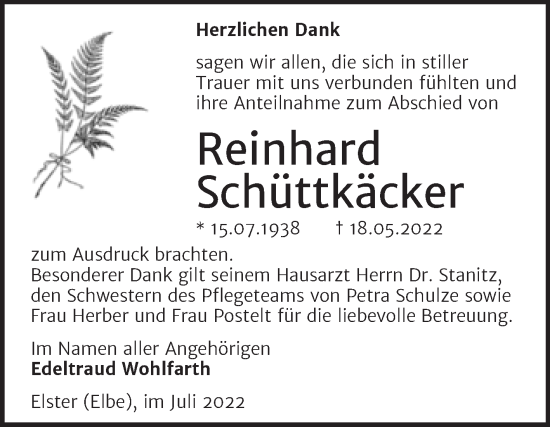 Traueranzeige von Reinhard Schüttkäcker von Super Sonntag Wittenberg
