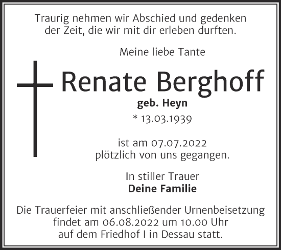 Traueranzeige von Renate Berghoff von Trauerkombi Dessau