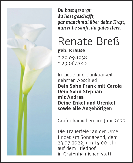 Traueranzeige von Renate Breß von Trauerkombi Wittenberg