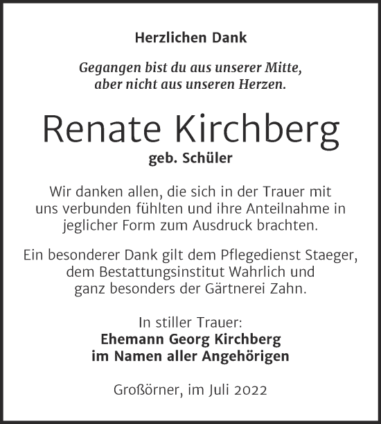 Traueranzeige von Renate Kirchberg von Trauerkombi Mansfelder Land