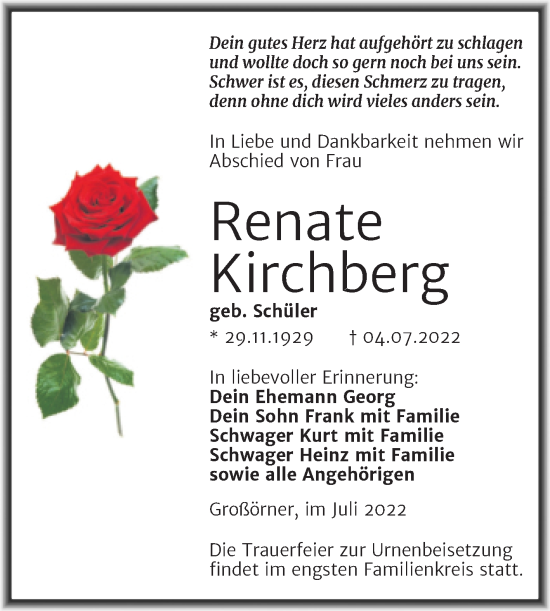 Traueranzeige von Renate Kirchberg von Trauerkombi Mansfelder Land