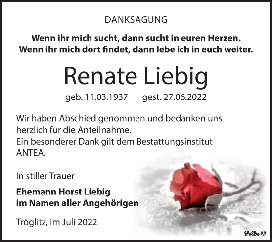 Traueranzeige von Renate Liebig von Trauerkombi Zeitz