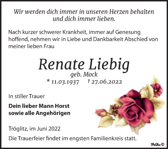 Traueranzeige von Renate Liebig von Trauerkombi Zeitz