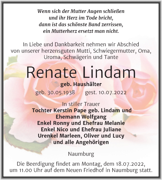 Traueranzeige von Renate Lindam von Naumburger Tageblatt