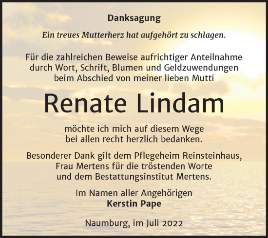 Traueranzeige von Renate Lindam von Wochenspiegel Naumburg/Nebra