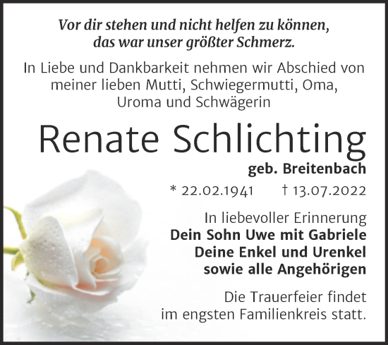 Traueranzeige von Renate Schlichting von Trauerkombi Mansfelder Land
